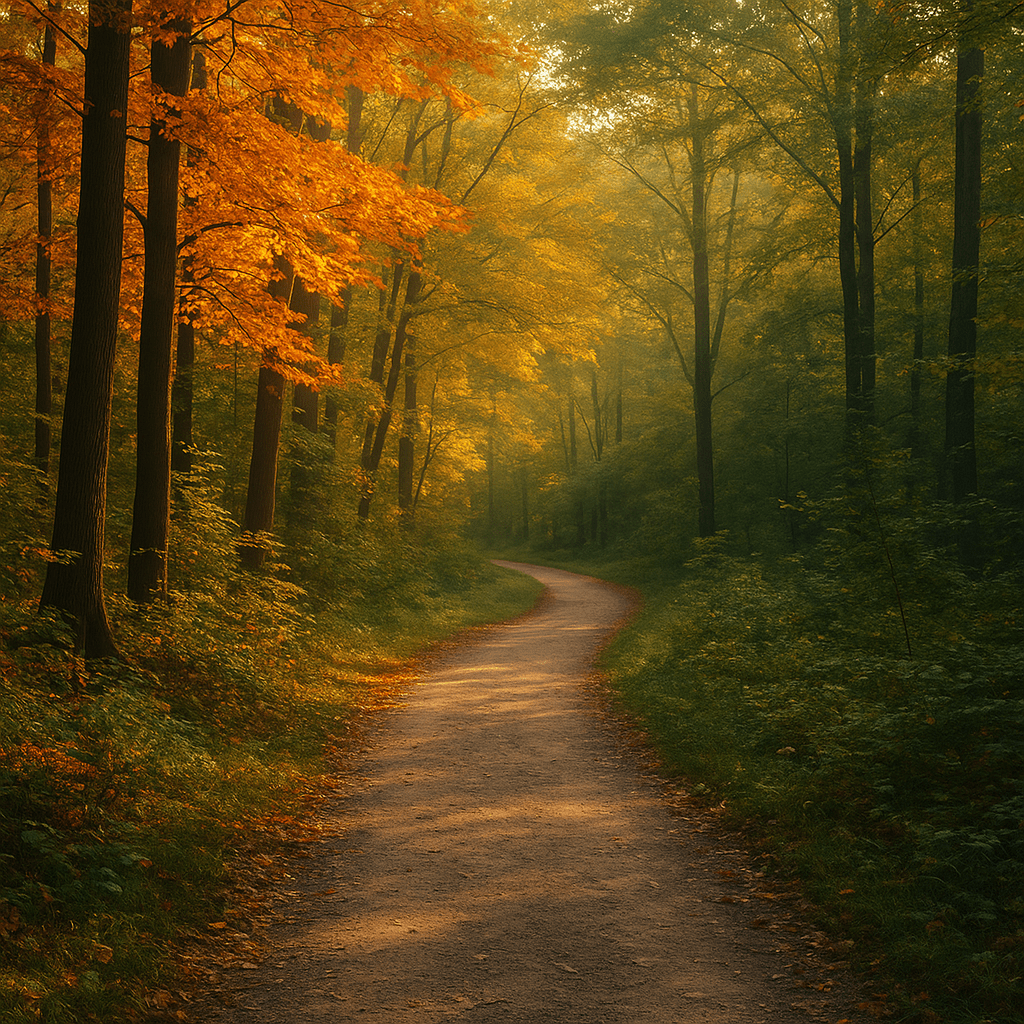 A peaceful forest trail curves through tall trees with golden autumn leaves, bathed in warm morning sunlight, representing a calming nature escape for a 30-minute reset.