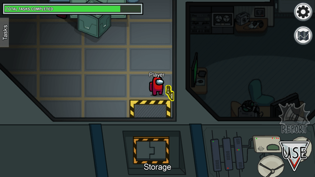 Cartoon-style characters from Among Us gathered in a spaceship room, with one imposter character lurking in the background.