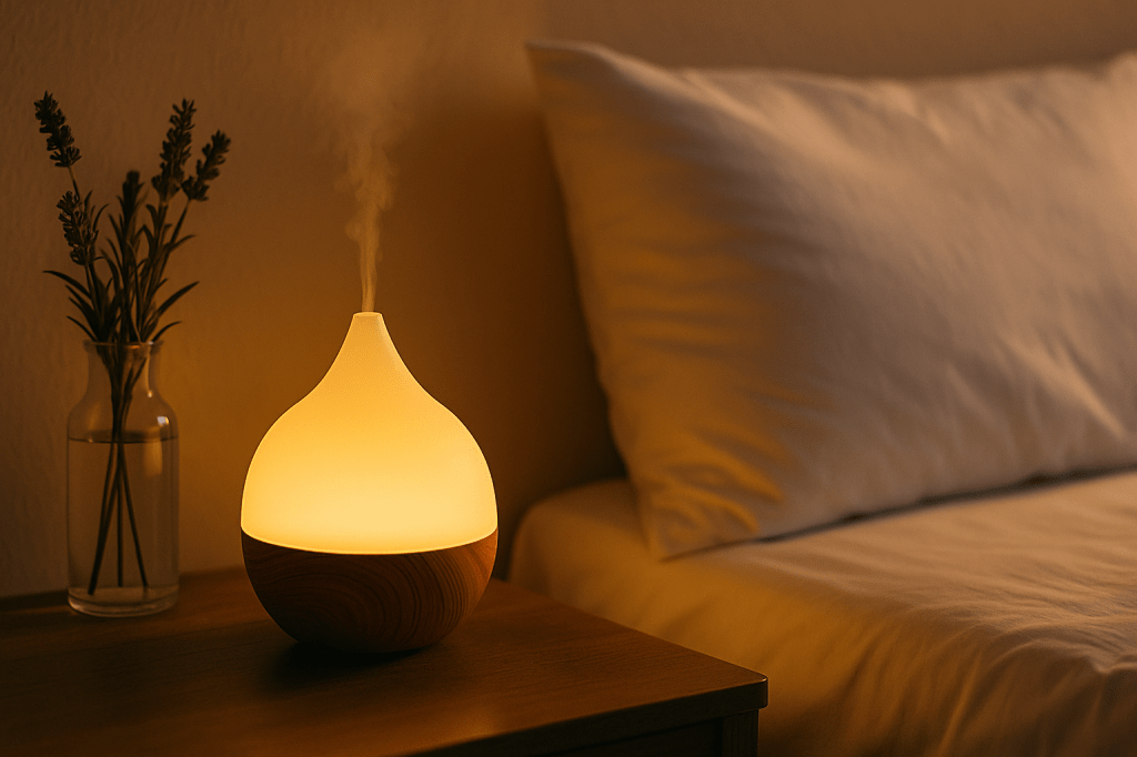A softly glowing essential oil diffuser emits vapor on a wooden nightstand beside a neatly made bed, with a vase of lavender nearby in a dimly lit bedroom.
