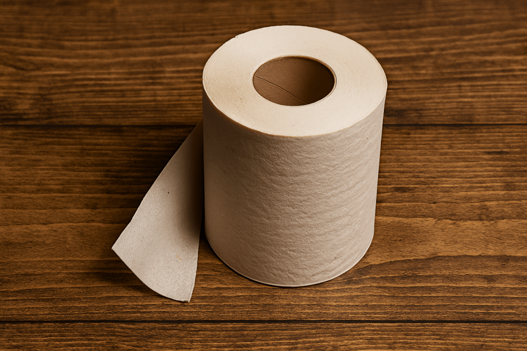 Roll of off-white bamboo toilet paper on a natural wood grain background with drop shadow