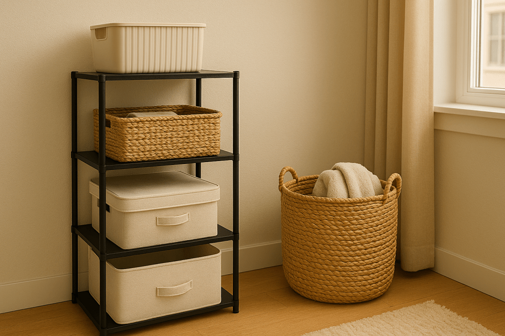 A photograph showcases a storage organization scene featuring wicker baskets and fabric bins on black shelving near a sunlit window in a minimalist room.