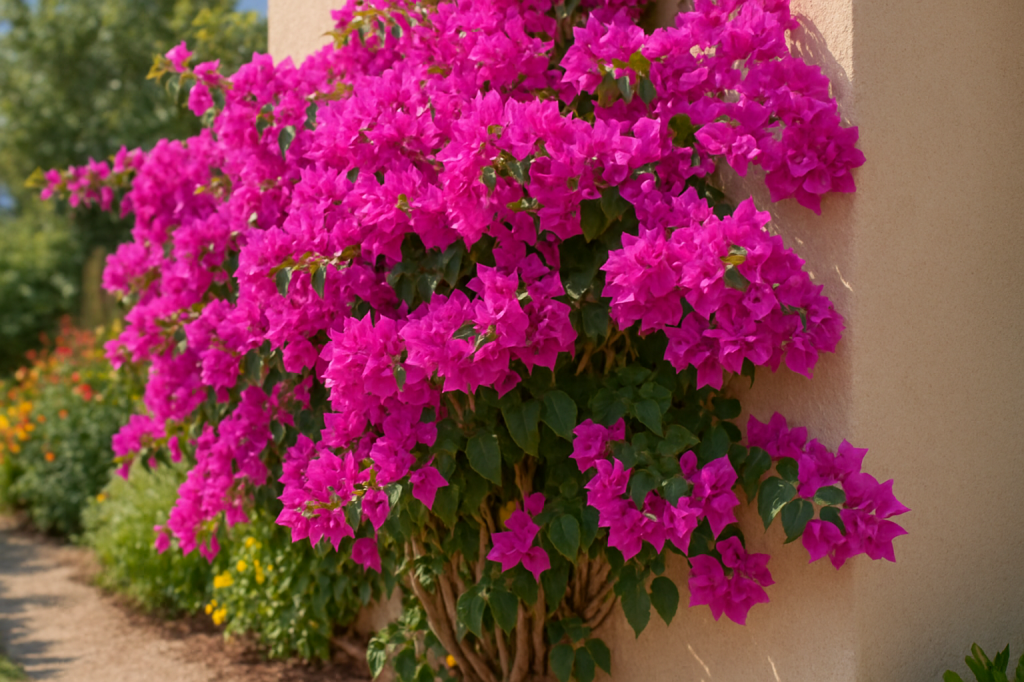 Bougainvillea with vibrant magenta bracts growing along a beige stucco wall in full sunlight