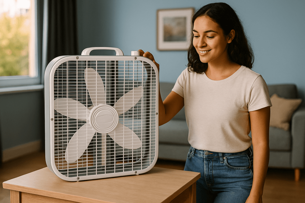 Woman using a box fan in her living room to keep cool without AC