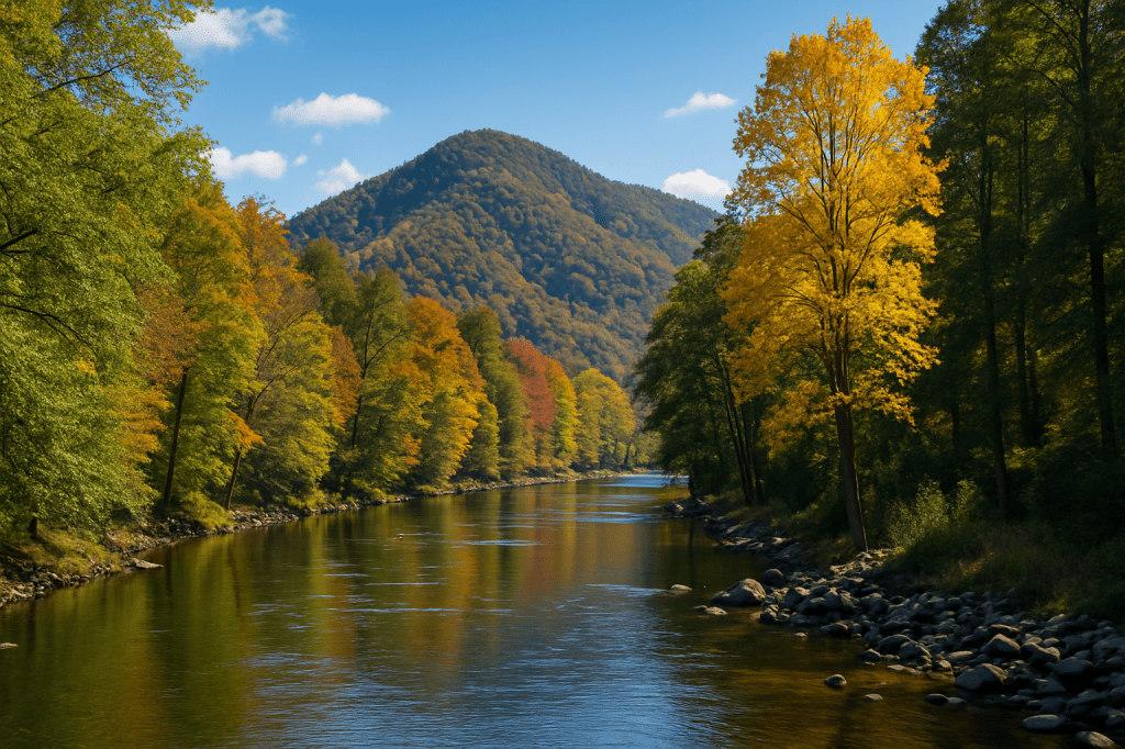 A scenic photo of a calm river flowing through a forest of colorful fall trees in Bryson City, North Carolina, with a mountain in the background under a bright blue sky.