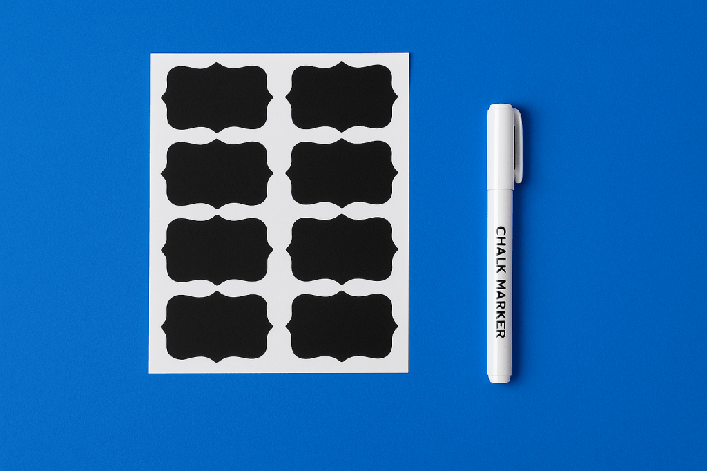 Sheet of reusable black chalkboard labels and a white chalk marker on a royal blue background