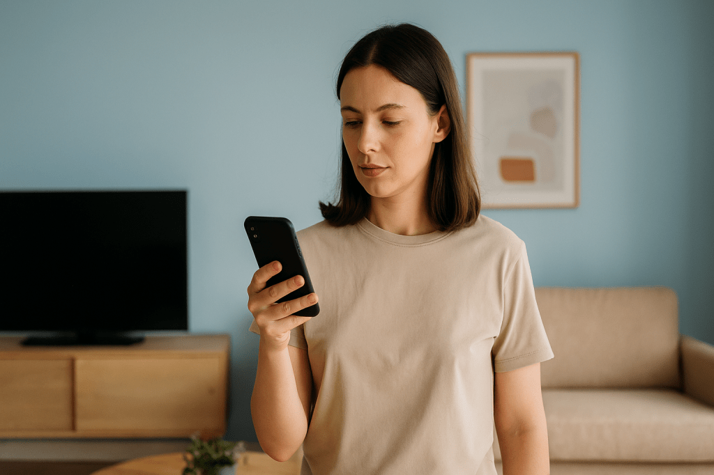 Woman using a smartphone to adjust smart home settings for cooling in a living room with light blue walls