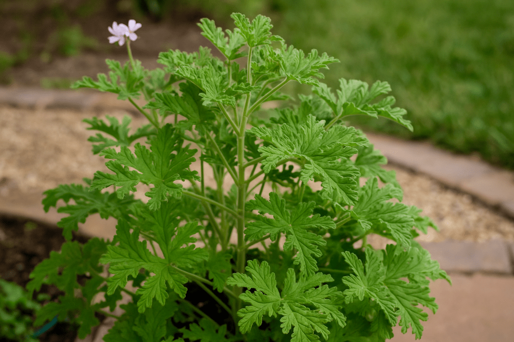 Citronella plant (Pelargonium citrosum) with lush green leaves in a garden bed next to a brick path