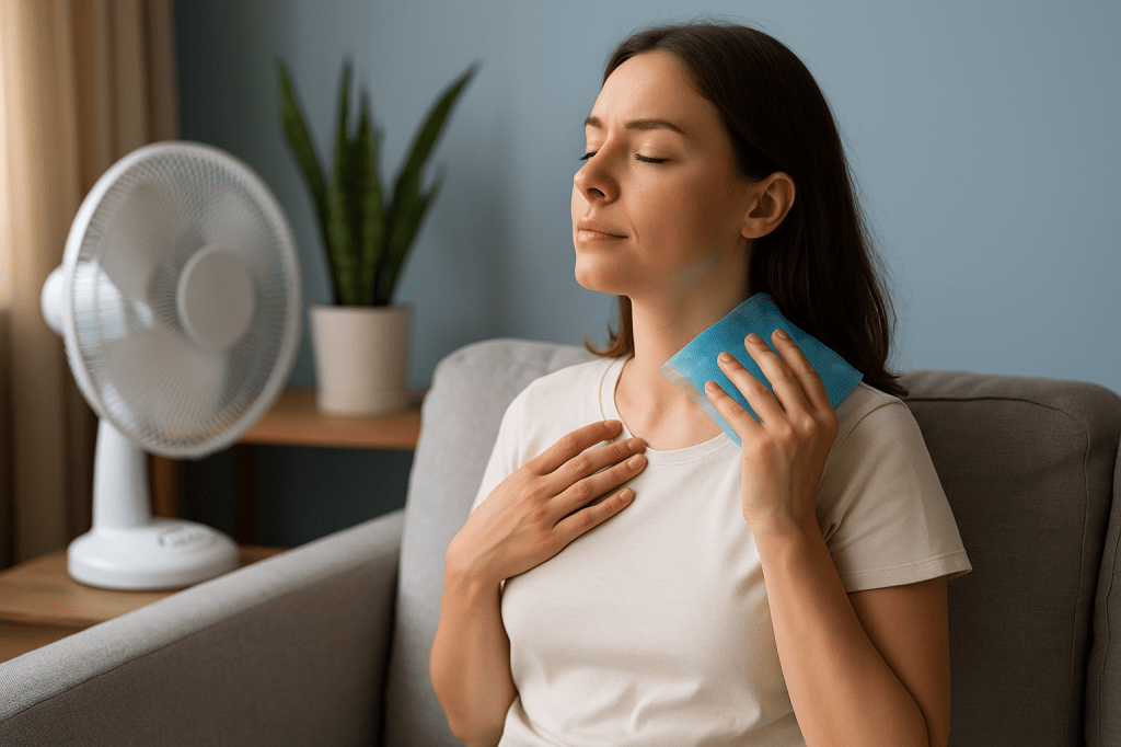 Woman cooling off with an ice pack on her neck while sitting near a fan in a light blue living room