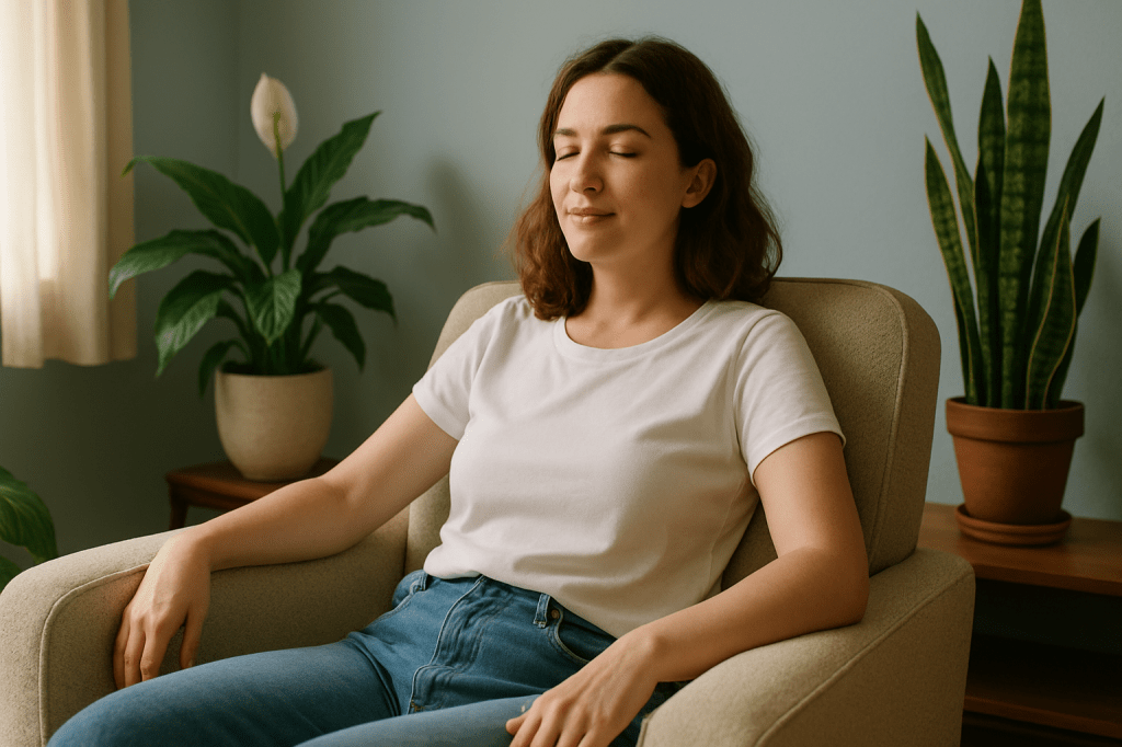 Woman relaxing in a chair with indoor plants in a cool, blue-walled living room