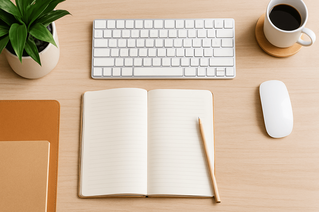 Minimalist and neatly organized wooden desk with plant, notebook, and coffee cup, illustrating a Monday morning declutter routine for productivity