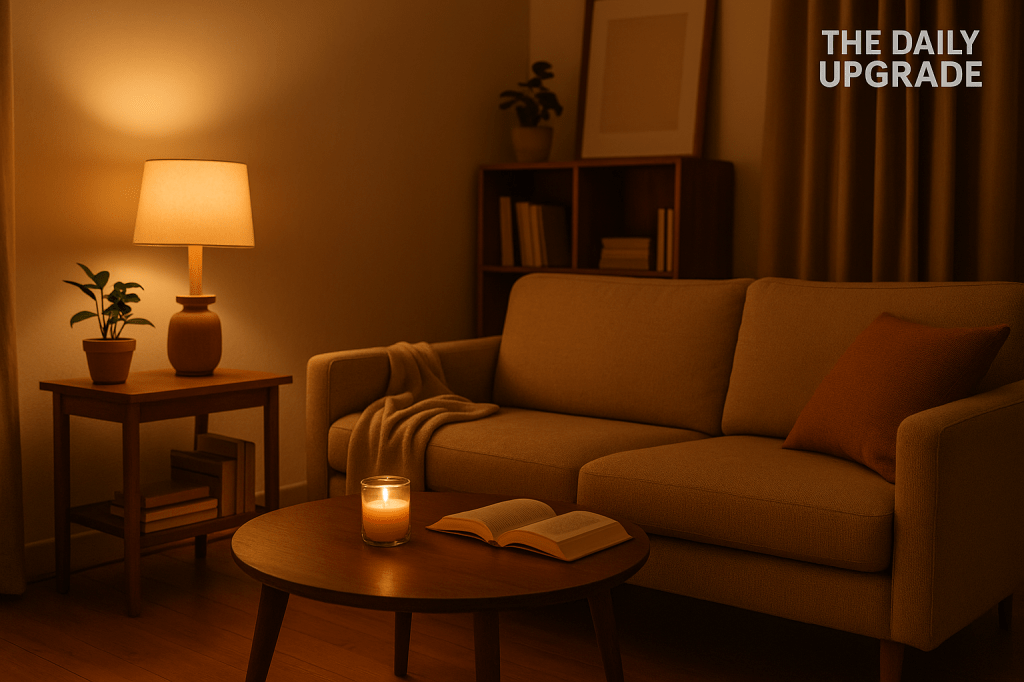 A warmly lit living room with a glowing table lamp, flickering candle, and an open book on a wooden coffee table—capturing a peaceful, phone-free evening perfect for a digital detox.