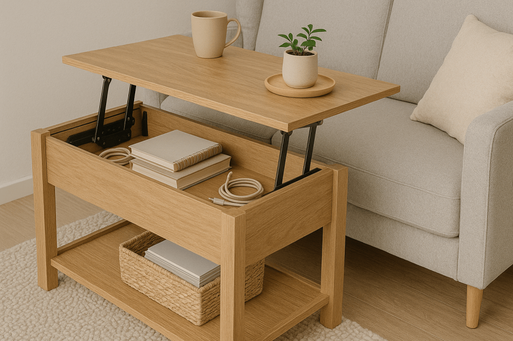 A photograph showcases a small living space featuring a lift-top coffee table with hidden storage and a soft gray couch