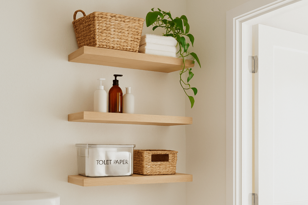 A photograph showcases a corner of a bathroom during the day with floating wooden shelves holding towels, baskets, bottles, and a potted plant