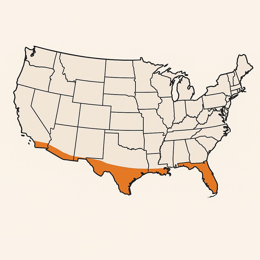 Map of the contiguous United States with Zone 10 regions in orange, including southern California, southern Texas, and all of Florida