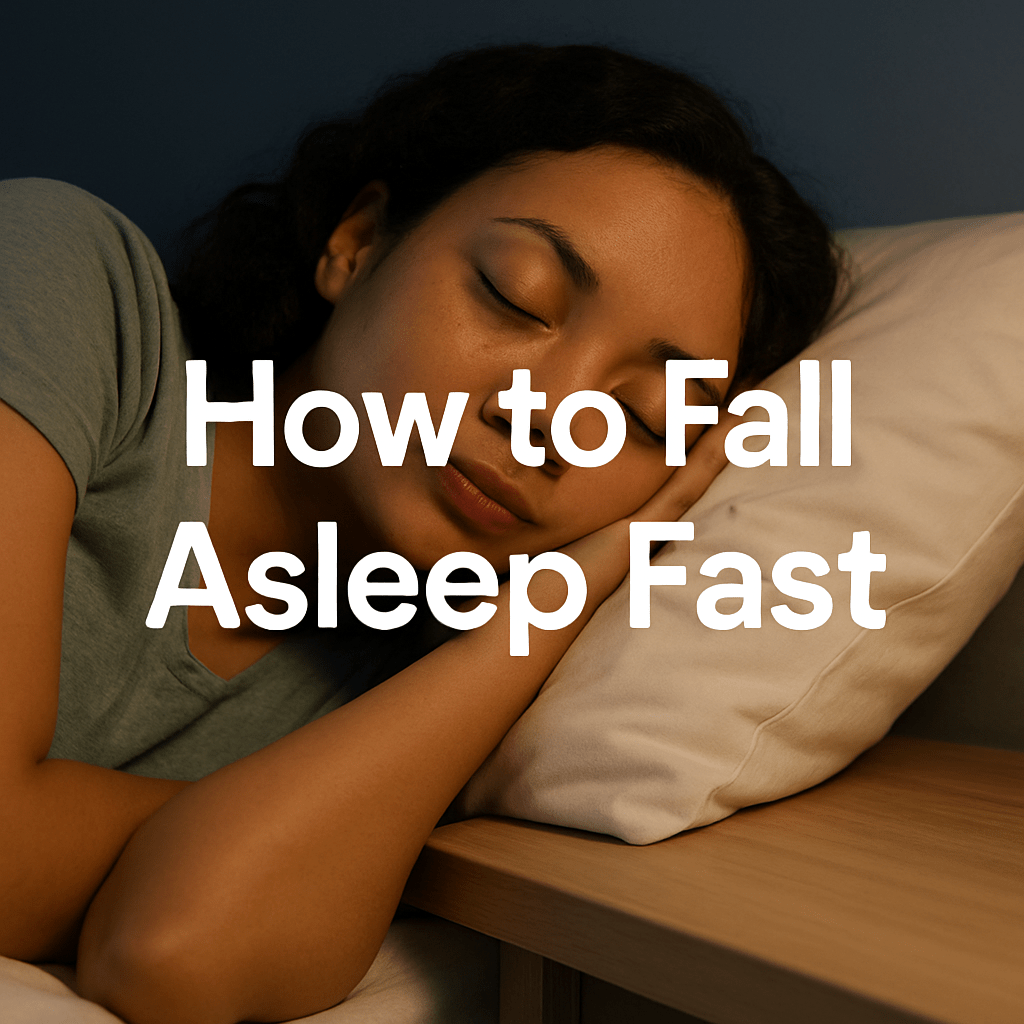Woman sleeping with text that reads “How to Fall Asleep Fast”