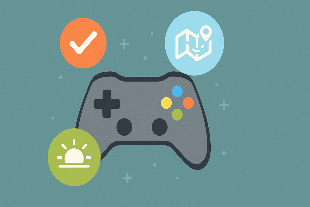 Flat illustration of a video game controller surrounded by icons representing progress, exploration, and enjoyment