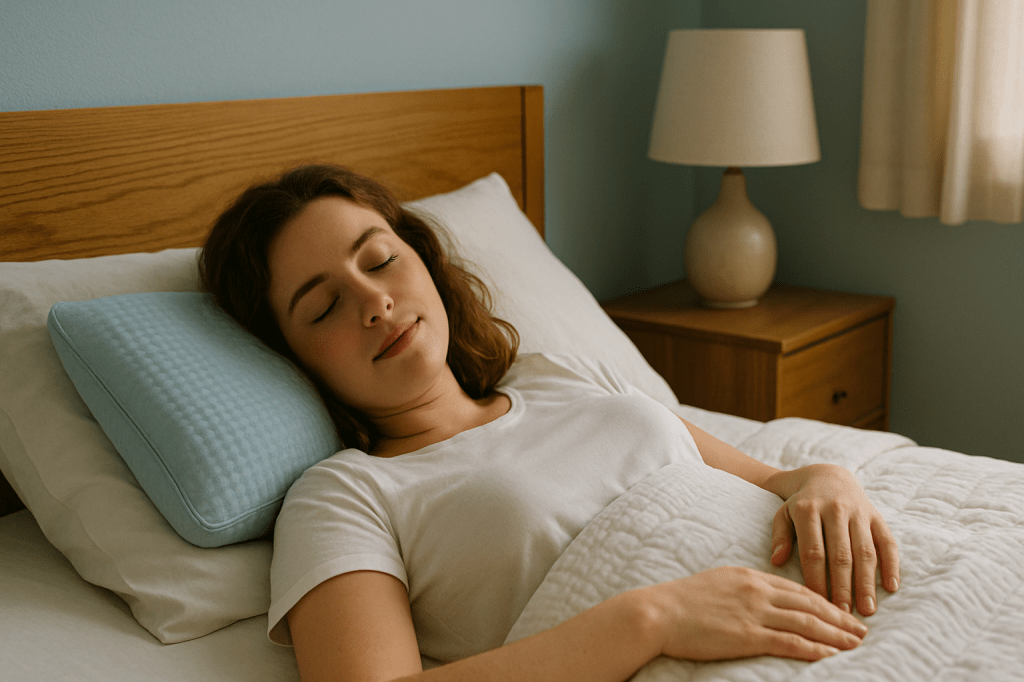 Woman sleeping peacefully on a cooling pillow in a calm bedroom with blue walls