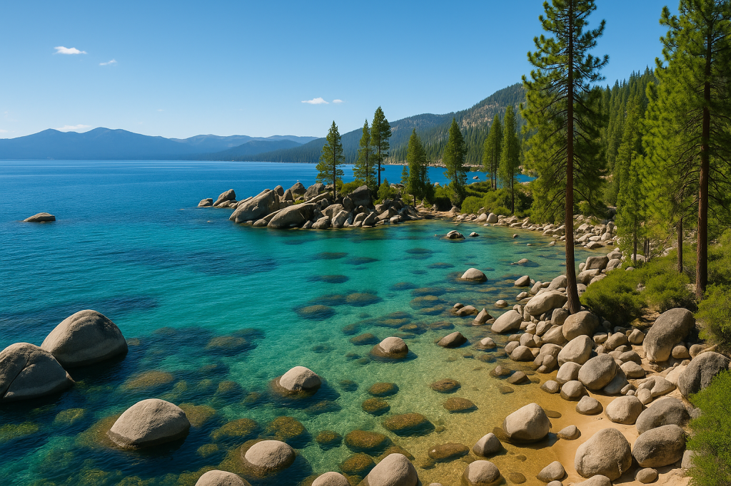A high-resolution scenic view of Lake Tahoe with turquoise water, granite boulders, and pine trees under a clear blue sky.