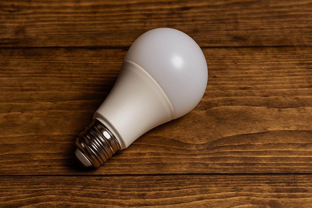 LED light bulb with drop shadow resting on a natural wood grain background