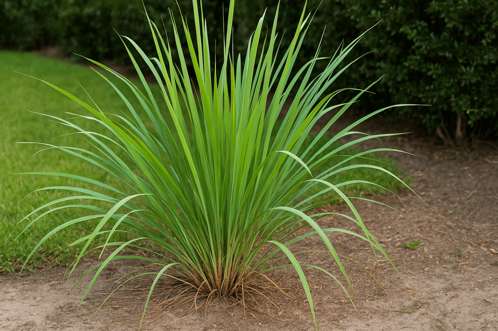Clump of Lemongrass (Cymbopogon citratus) growing in a garden with tall green blades and earthy soil