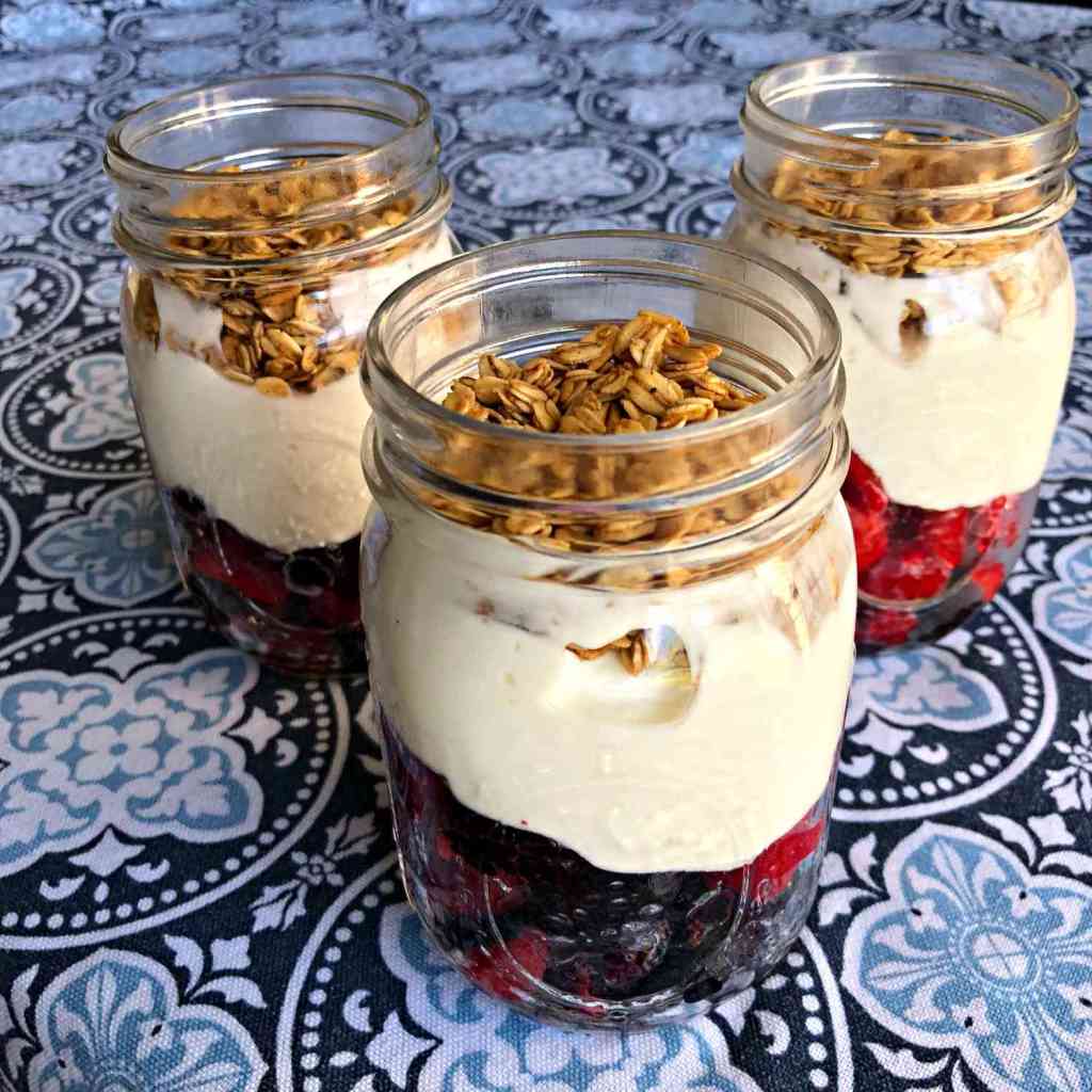 Make ahead greek yogurt parfait with fruit and granola.