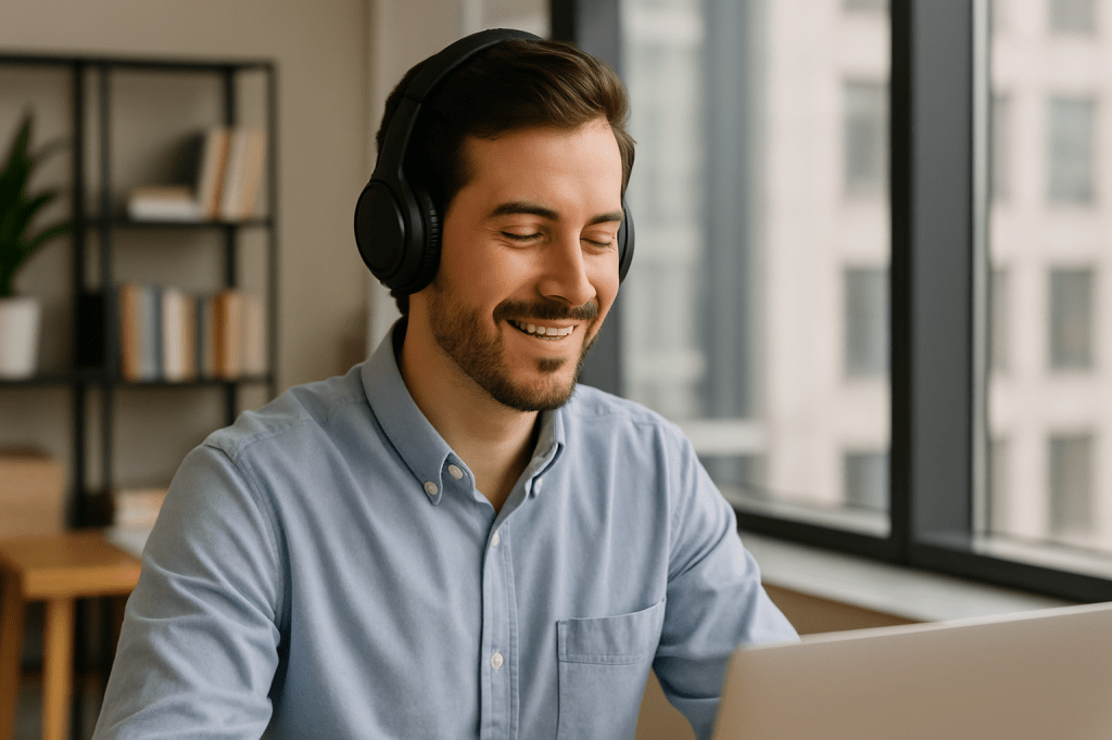 A young man wearing noise-canceling headphones works peacefully at his laptop in a bright, modern office.