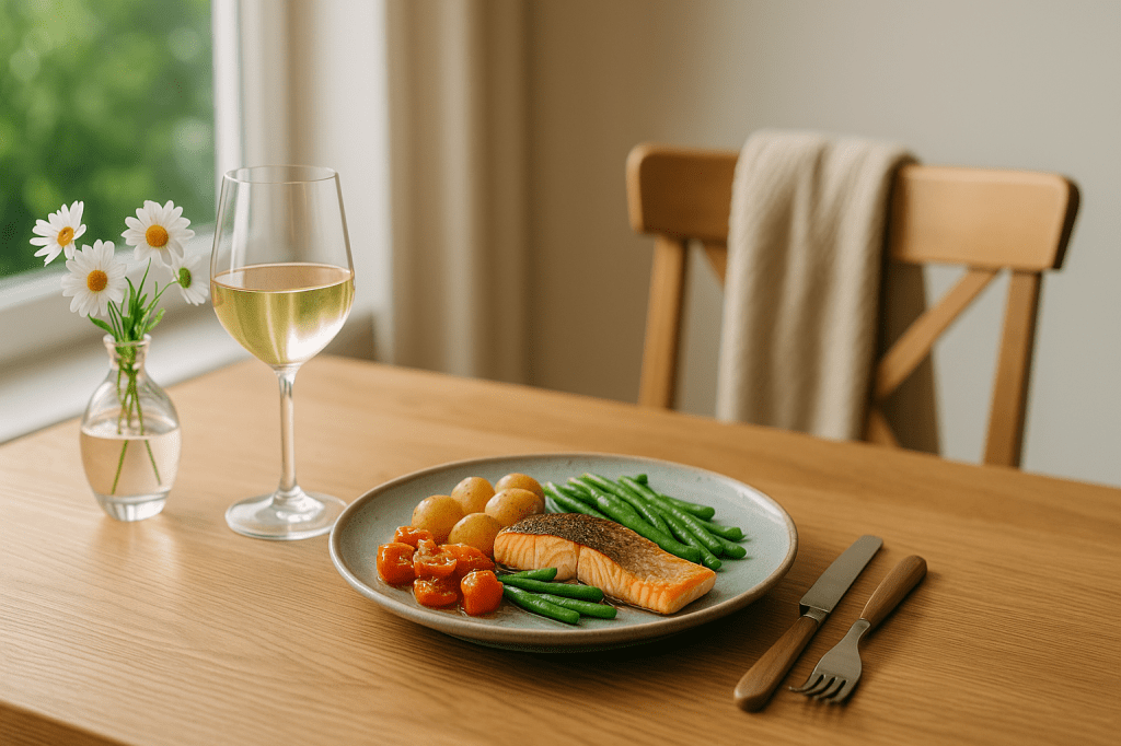 Cozy solo dining scene with healthy salmon lunch, wine, and flowers by a window, representing a relaxing midweek treat to recharge and reset productivity