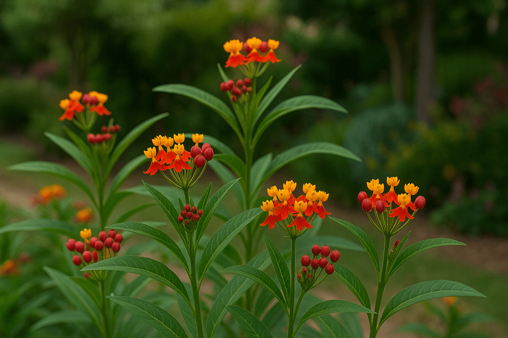Milkweed (Asclepias curassavica) in full bloom with red and yellow flowers in a lush garden setting