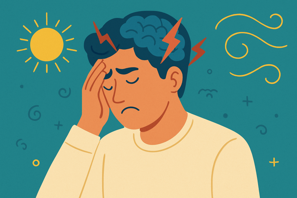 Flat-style illustration of a man holding his head in pain with lightning bolts emerging from his brain on a teal background