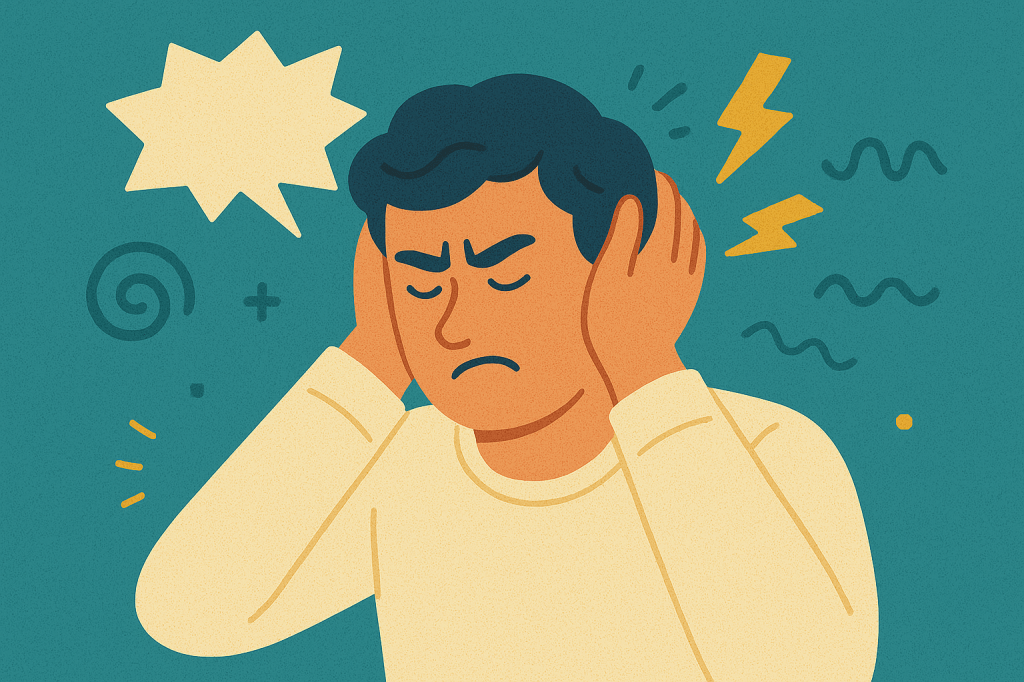 Flat-style illustration of a man covering his ears with a stressed expression, surrounded by abstract frustration symbols on a teal background