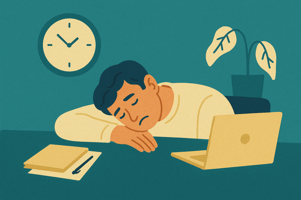 Flat-style illustration of a tired man slumped at a desk with a laptop, notebook, clock, and drooping plant on a teal background
