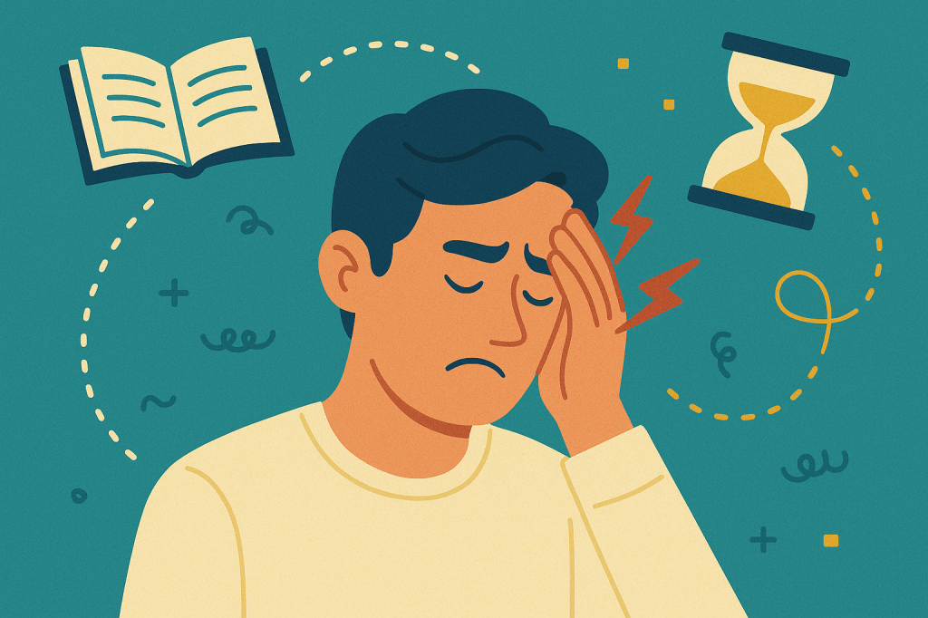 Flat-style illustration of a frustrated man with abstract icons like a book and hourglass around his head on a teal background