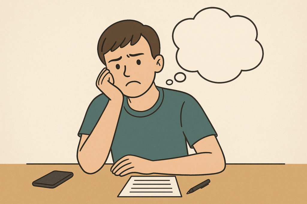 digital illustration of a young adult reflecting at a desk, symbolizing procrastination and mental blocks