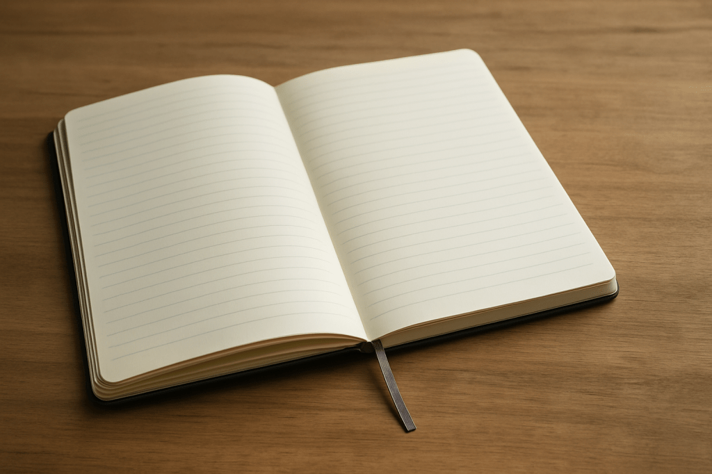 An open, lined notebook resting on a wooden table with a ribbon bookmark, bathed in soft lighting—inviting a calm moment for journaling or weekend reflection.