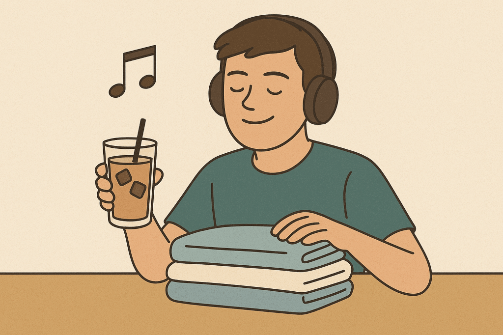 digital illustration of a young man folding laundry while drinking iced coffee and listening to music, representing motivation through reward pairing