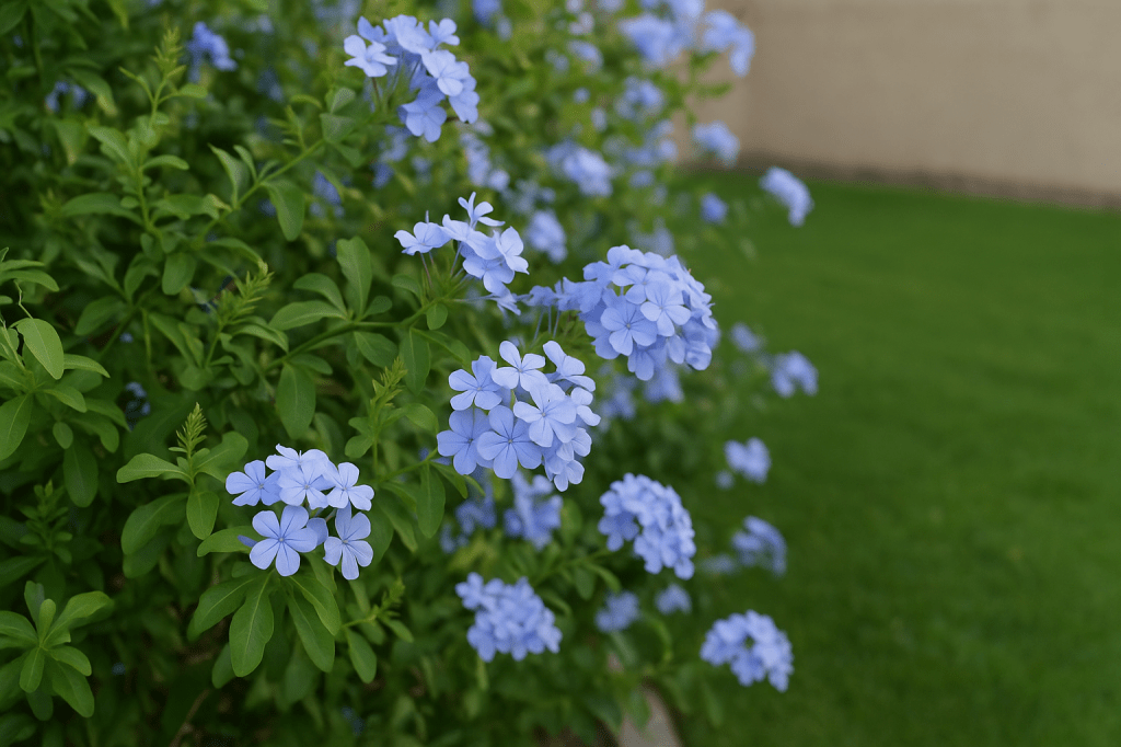 Blue Plumbago (Plumbago auriculata) flowers blooming along a garden wall with lush green foliage