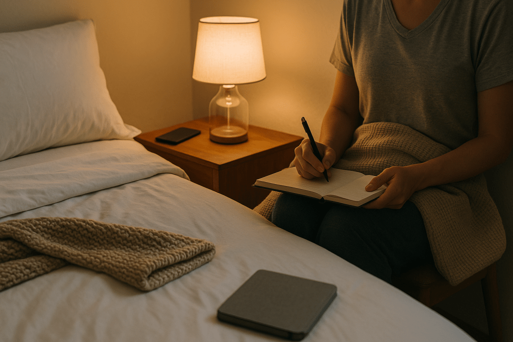 A person sits on the edge of a neatly made bed under warm lamplight, journaling in a notebook with a beige weighted blanket over their lap in a calm nighttime setting.