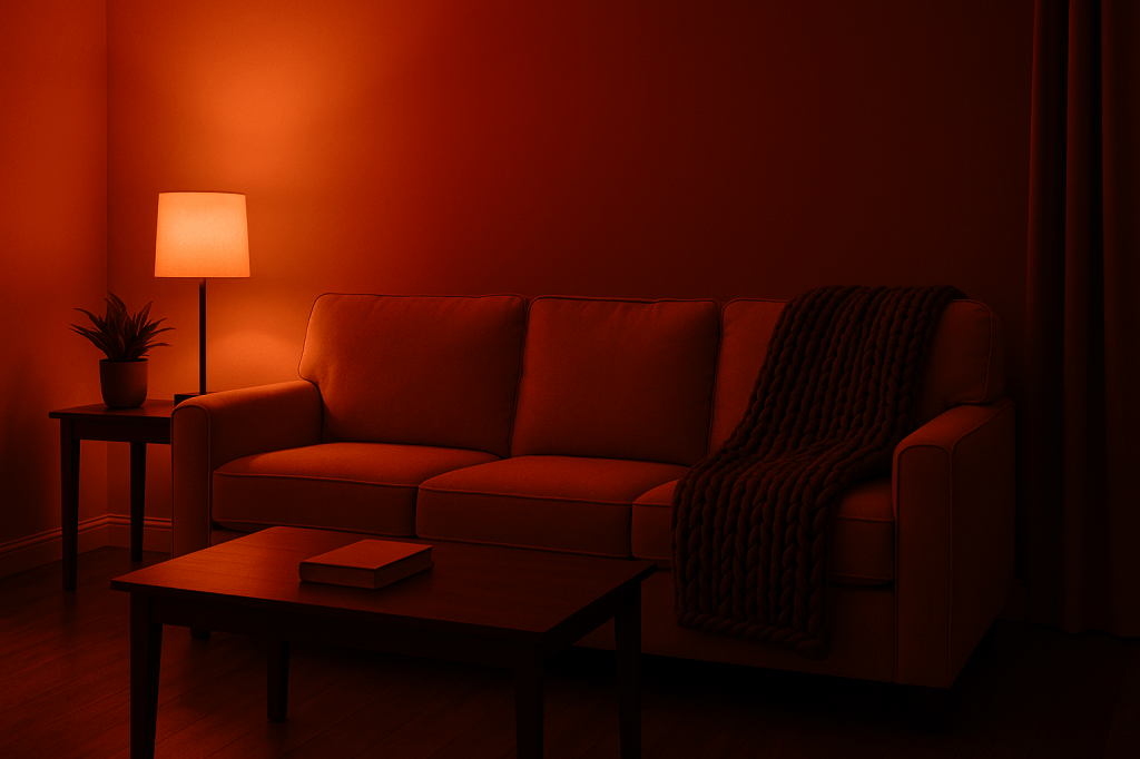 A cozy living room bathed in soft red light, featuring a beige couch with a chunky weighted blanket draped over the back, a wooden coffee table with a closed book, and an end table with an indoor plant and warm lamp.