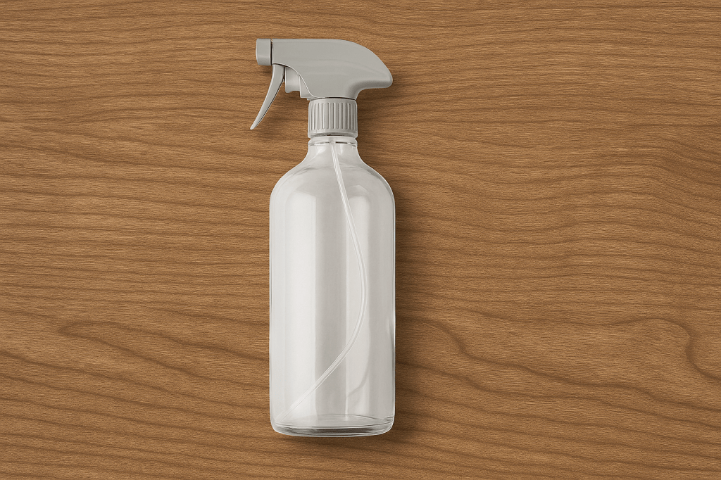 Clear refillable plastic spray bottle with gray nozzle on a wood background with drop shadow