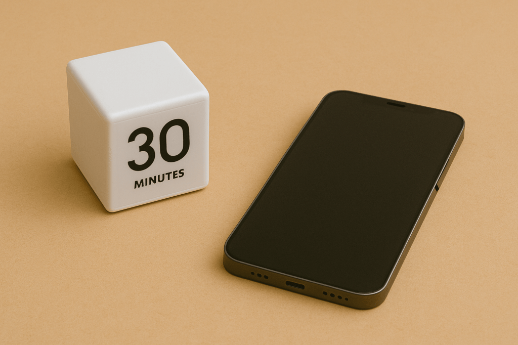 A timer cube and smartphone on a beige background representing digital boundaries and focus sessions