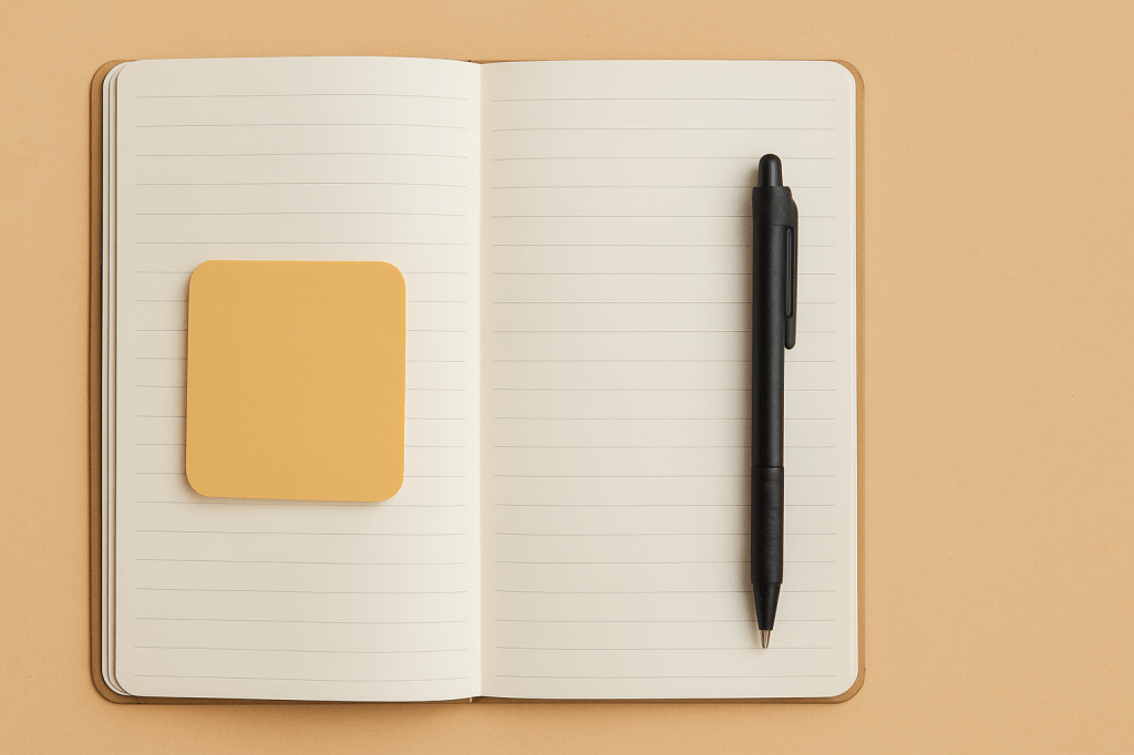 An open notebook with a sticky note and pen on a beige background for mental clarity and journaling visuals