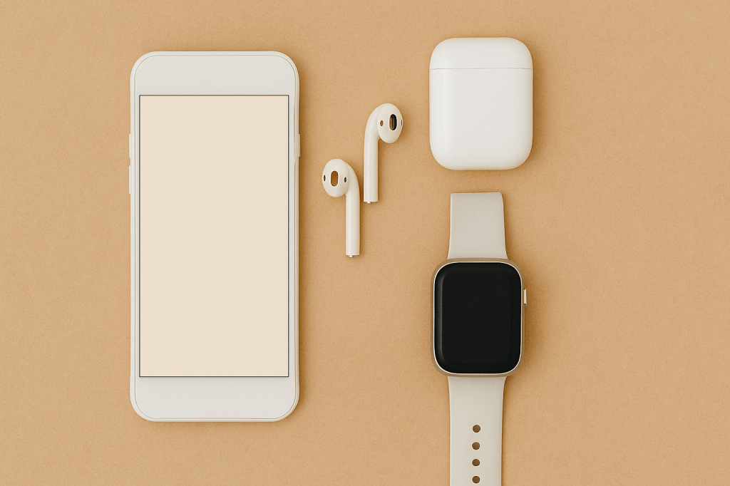 Smartphone, earbuds, and smartwatch arranged on beige background symbolizing clean, minimalist tech use for mental clarity