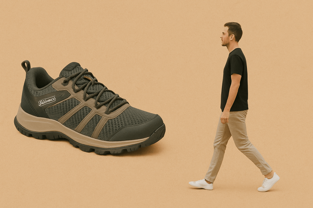 A walking man and hiking shoe on a beige background symbolizing digital detox and mental reset through movement