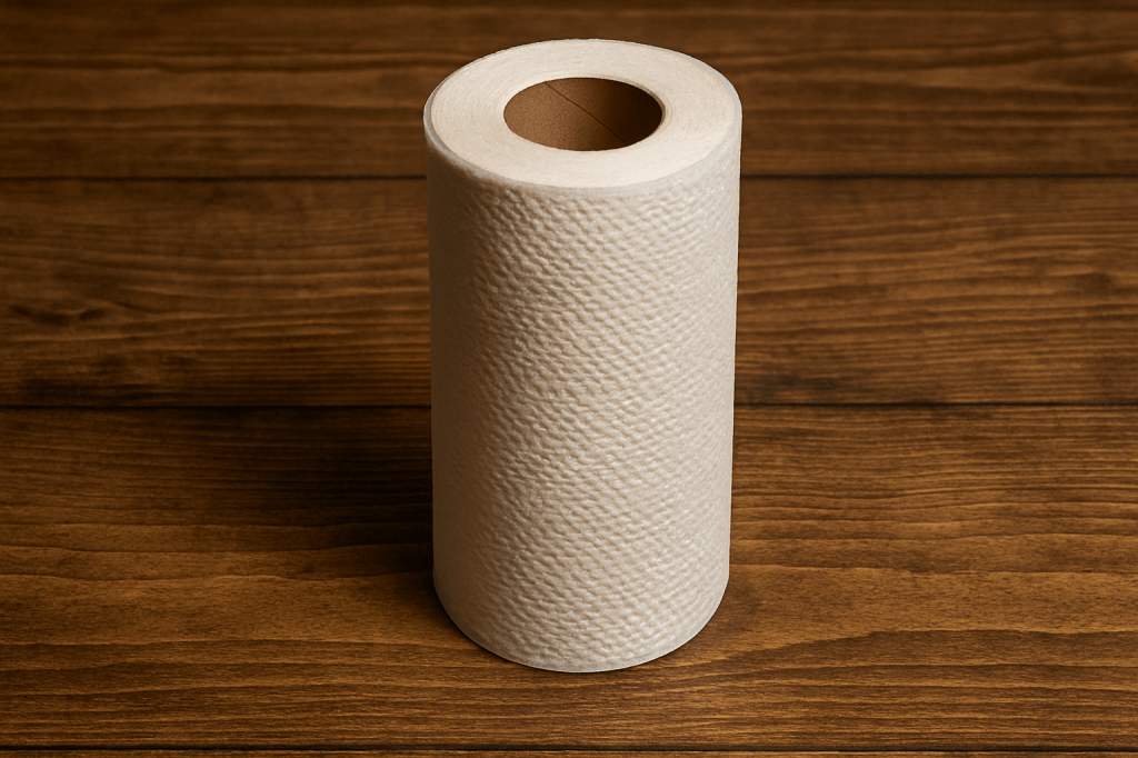 Roll of reusable off-white paper towels with quilted texture on a natural wood background with drop shadow