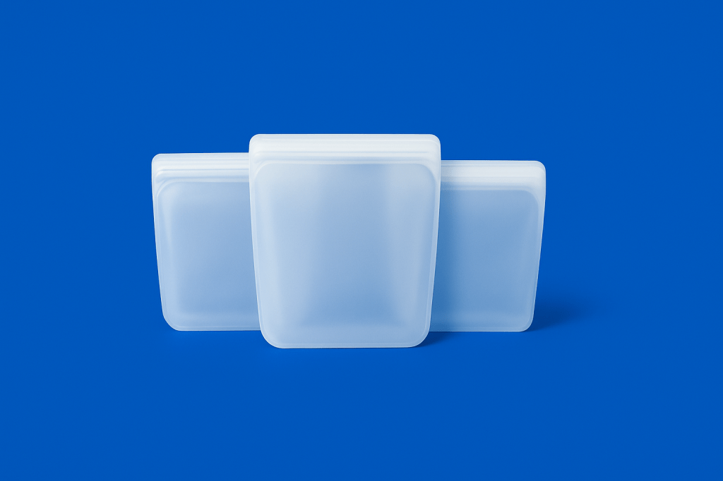 Set of three reusable silicone food storage bags centered on a royal blue background