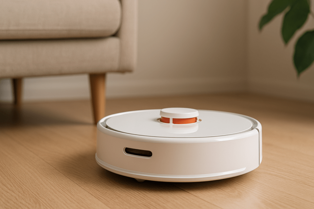 A white robot vacuum cleaning a light wood floor in a cozy living room with a beige sofa and green plant