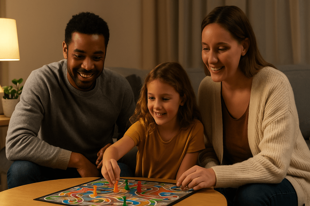 Family playing a board game together in a cozy living room, showing how to enjoy weekend moments without waiting for Sunday night