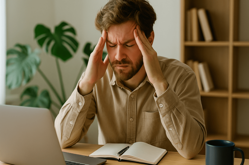 Young man sitting at a desk with his hands on his temples, looking mentally exhausted in a home office setting.