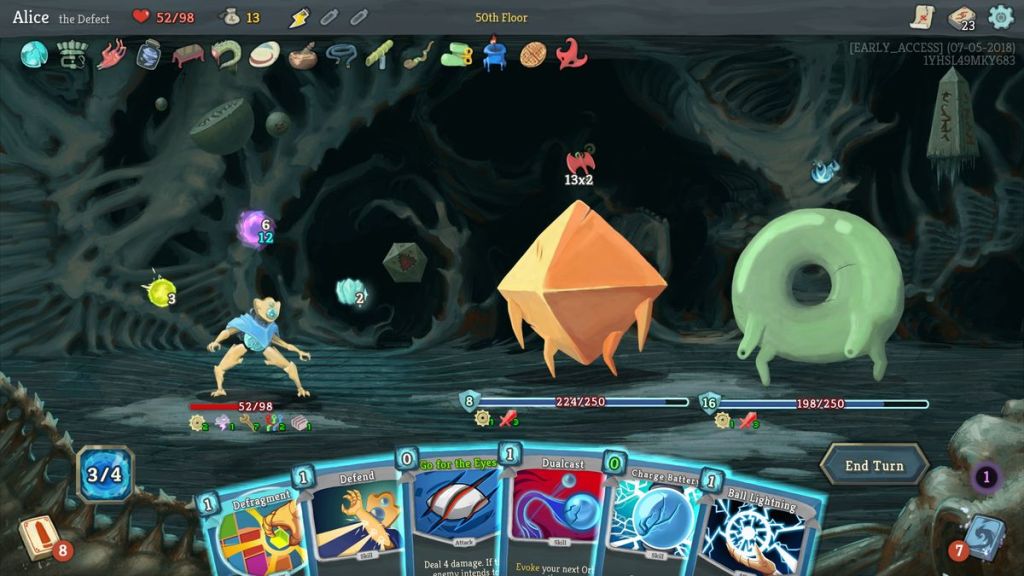 Gameplay screen from Slay the Spire showing a deck-building interface with cards laid out during a battle with a fantasy creature.