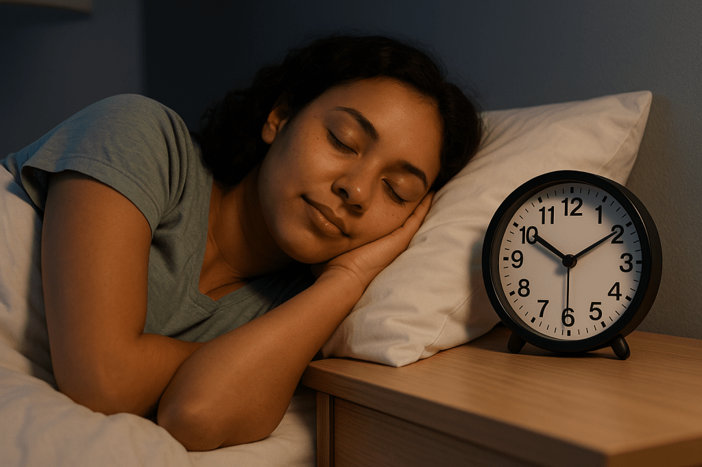 Woman sleeping peacefully with a bedside clock showing 9:00 PM